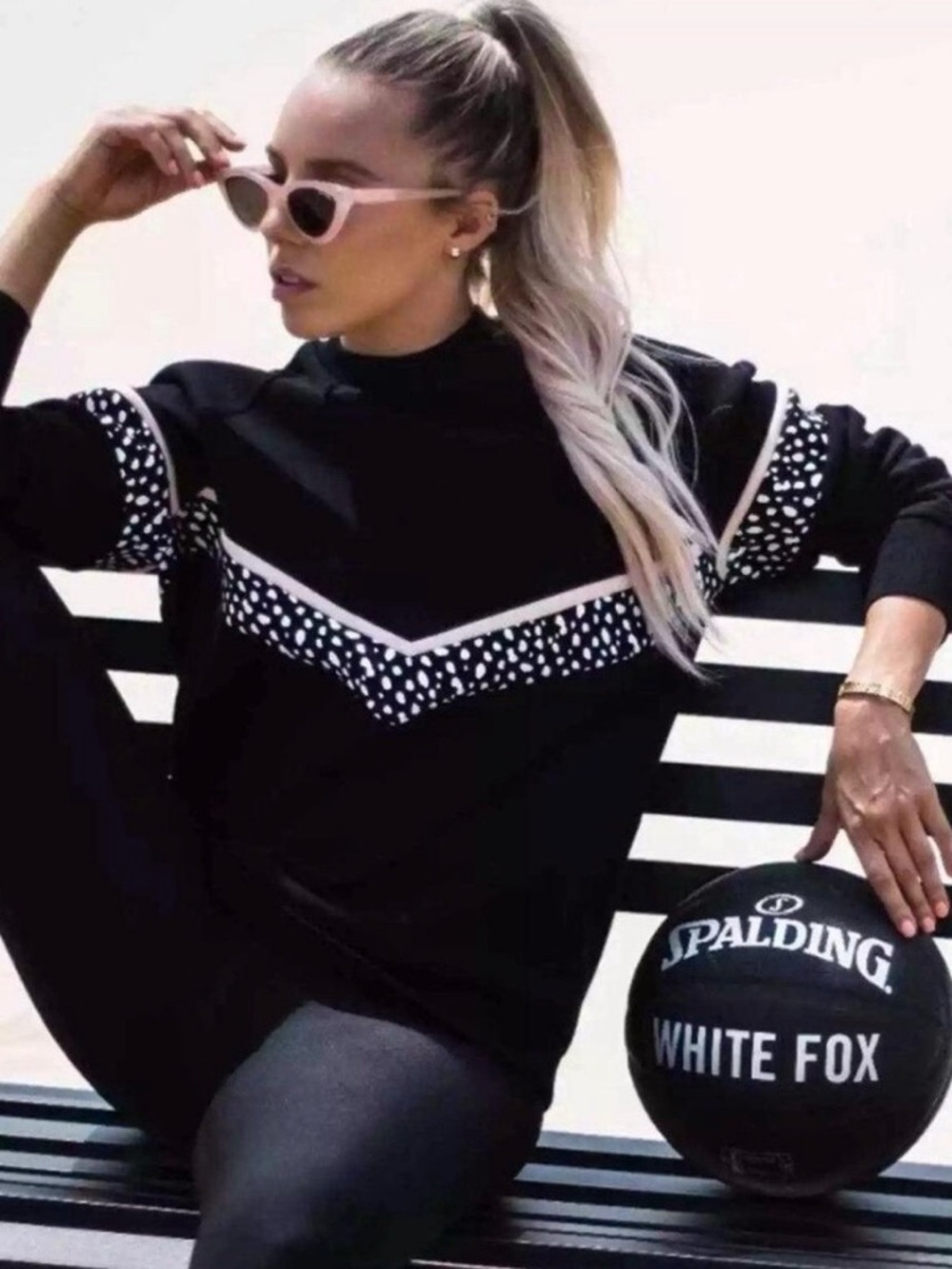White Fox Boutique Black Crewneck Sweater with Pink & White Dalmatian Stripe